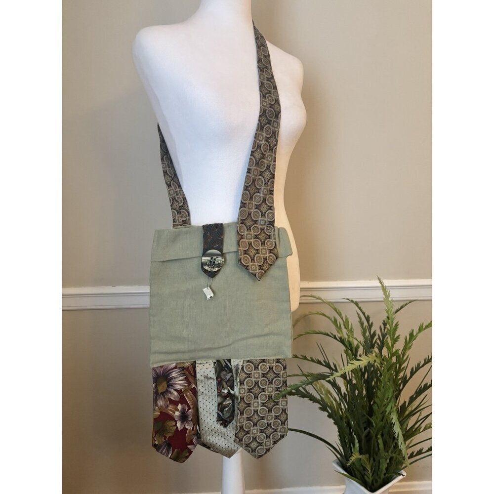 Handmade Tote Bag Crossbody Green Necktie Trim Upcycled